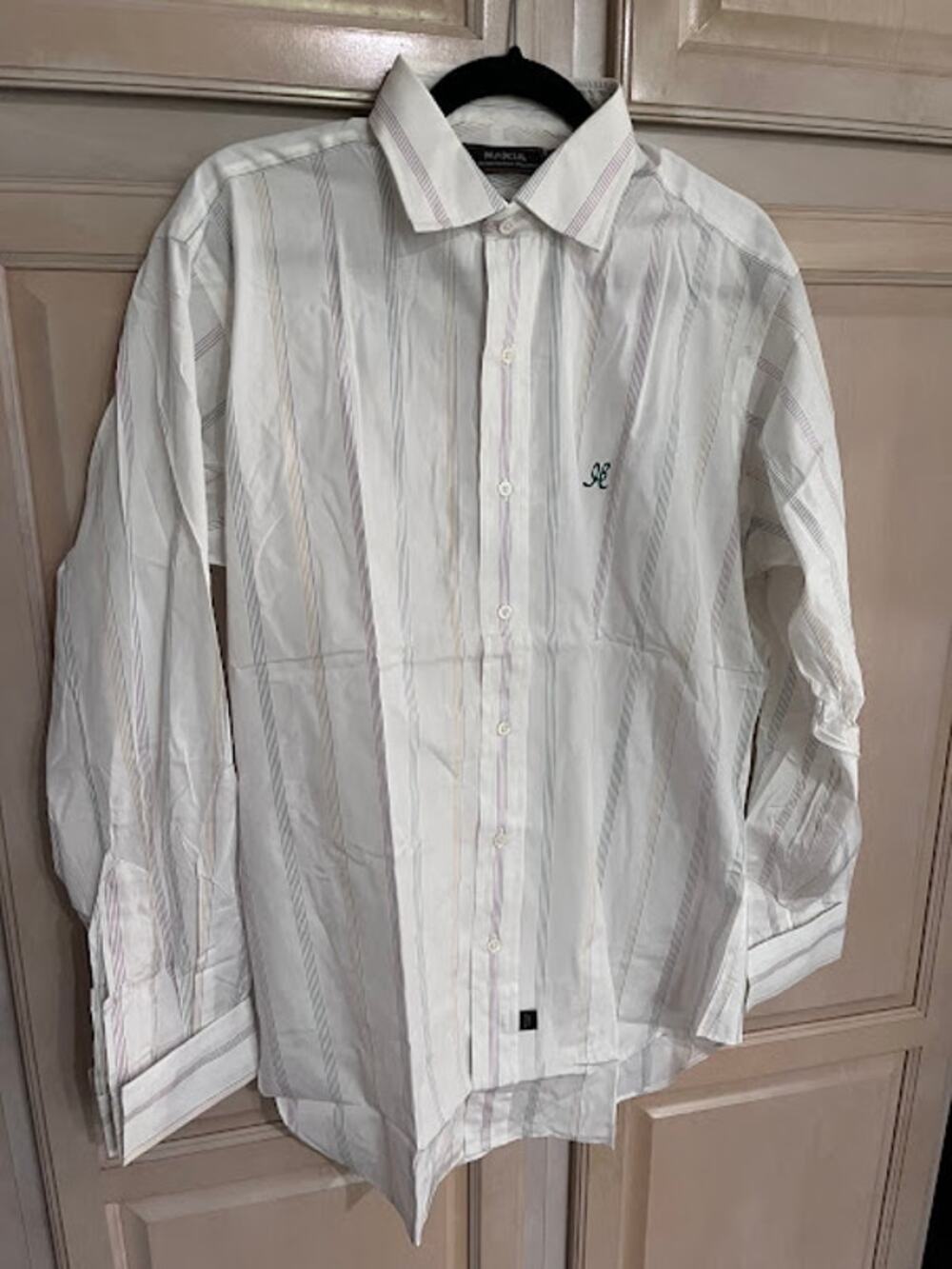VTG Neiman Marcus Shirt Mens Dress French Cuffs White Multi Color Stripe 15.5x34